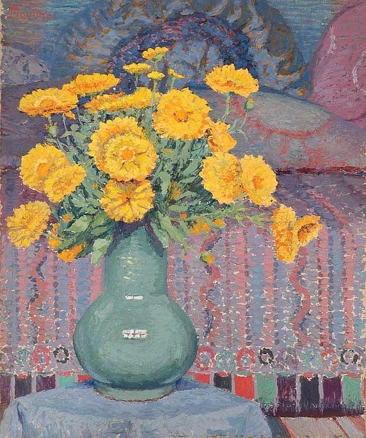 Spring Painting - Still Life with Calendula by Ernest Moulines 1870-1942 by Ernest Moulines