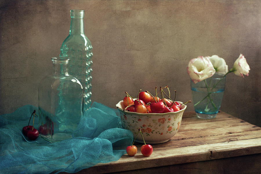 Still Life With Cherries And Blue Photograph by Copyright Anna Nemoy(xaomena)