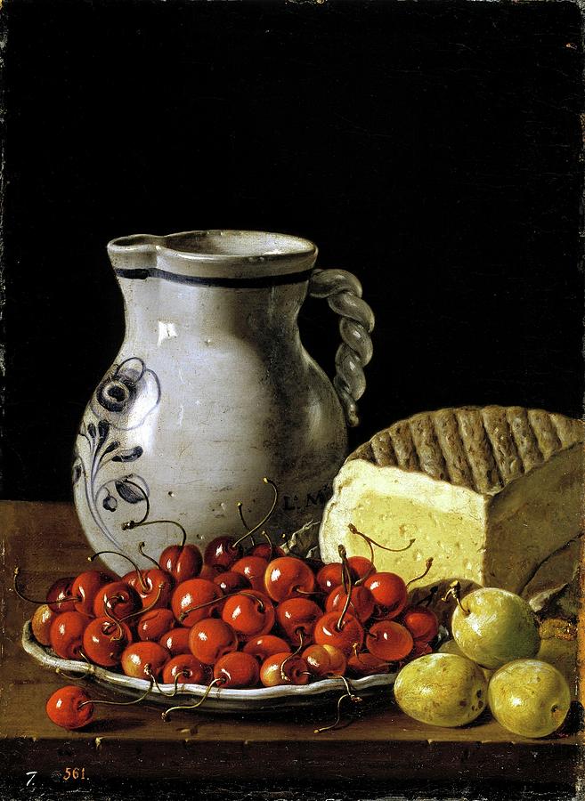 Still Life with Cherries, Cheese and Greengages, ca. 1760, Spanish Scho... Painting by Luis Melendez -1716-1780-