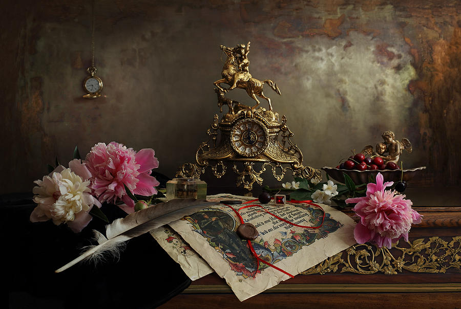 Still Life With Clock And Peonies Photograph by Andrey Morozov