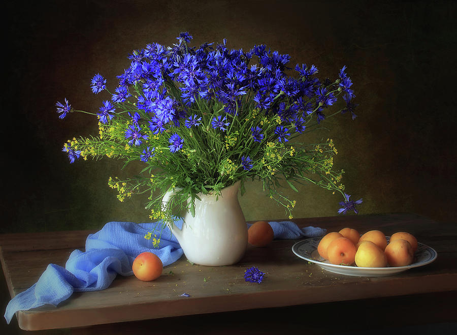 Flower Photograph - Still Life With Cornflowers And Apricots by Tatyana Skorokhod (???????