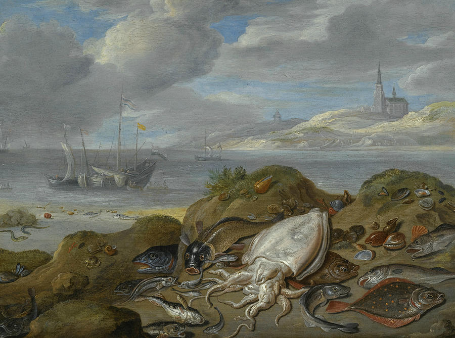 Still Life with Cuttlefish, Plaice, Cod, Mussels and other Fish on a Dune Painting by Jan van Kessel the Elder