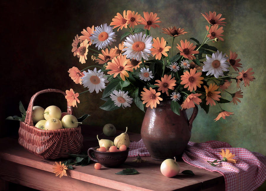 Flower Photograph - Still Life With Daisies And Apples by Tatyana Skorokhod (??????? ????????)