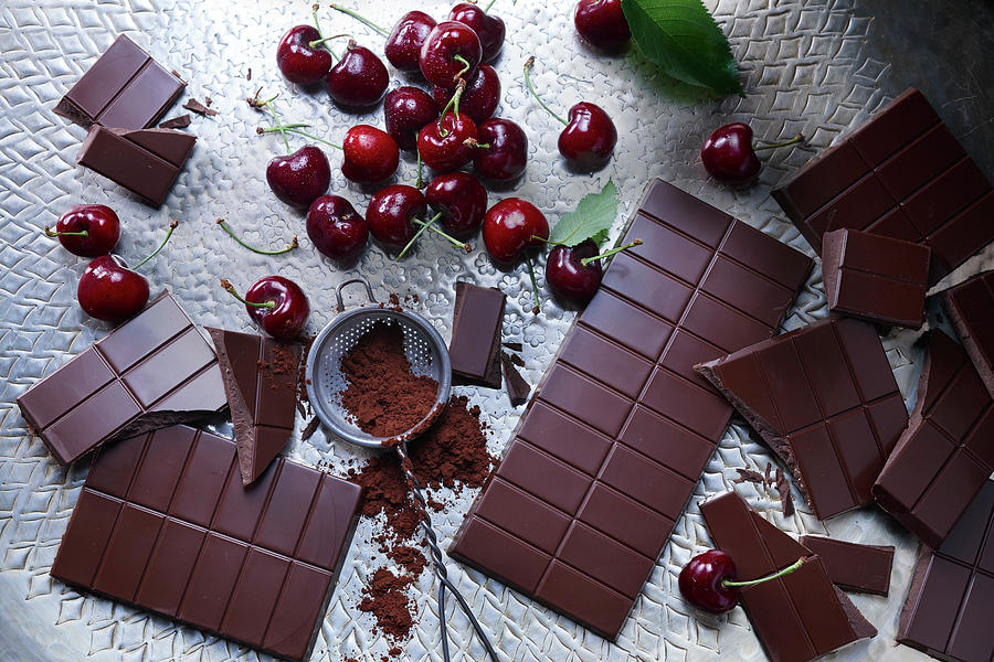 Still Life With Dark Chocolate, Cocoa And Cherries Photograph by Nikolai Buroh