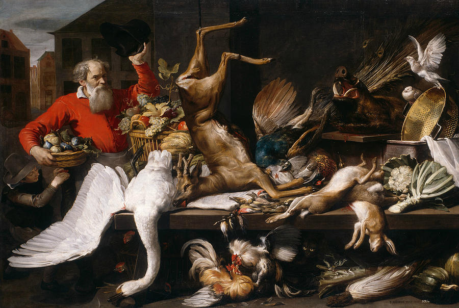 Still Life with Dead Game, Fruits, and Vegetables in a Market Painting by Frans Snyders
