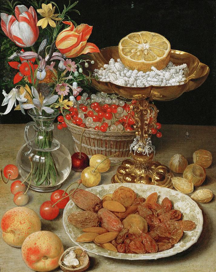 Still-life with desert and bouquet, 1632 Wood, 31,4 x 24,9 cm Inv. 9864. Painting by Georg Flegel