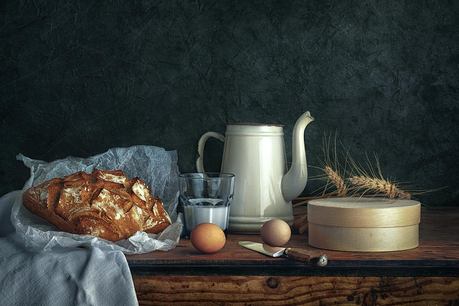 Still Life Photograph - Still Life With Eggs, Milk And Bread by Christian Marcel
