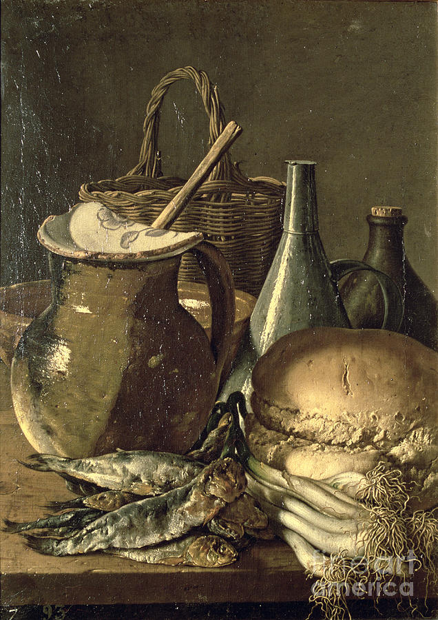 Still Life With Fish, Leeks And Bread Painting by Luis Menendez Or ...