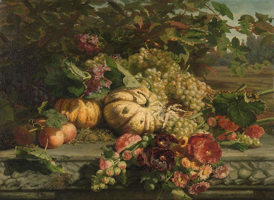 Still Life with Flowers and Fruit. Painting by Gerardina Jacoba van de Sande Bakhuyzen -1826-1895-