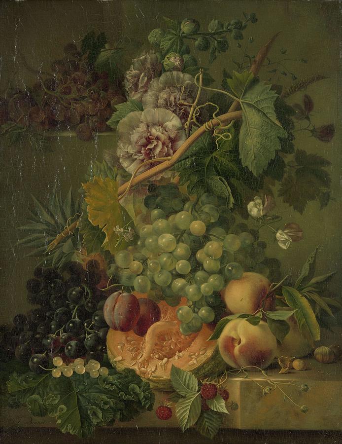 Still Life with Flowers and Fruits. Painting by Albertus Jonas Brandt -1787-1821-