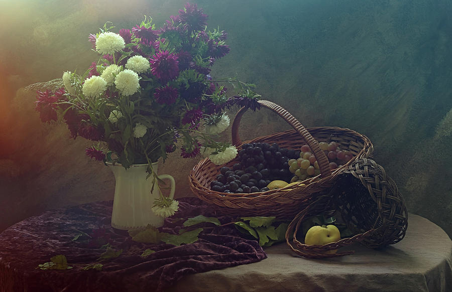 Still Life With Flowers And Grapes Photograph by Ustinagreen