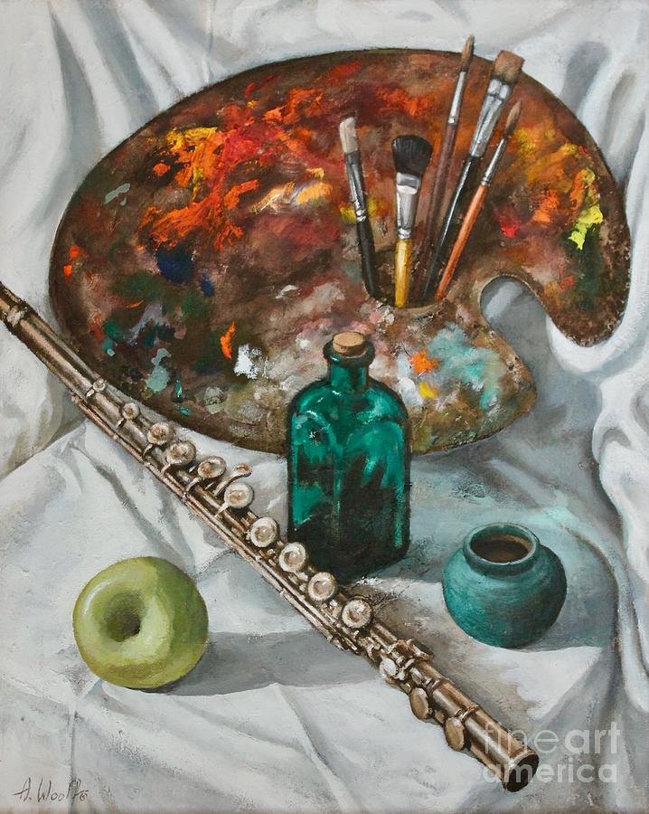 Still-life Painting - Still-life with Flute and Palette by Anatol Woolf