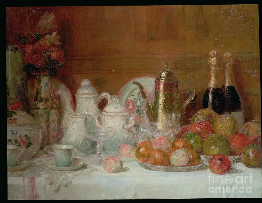 Coffee Painting - Still Life With Fruit And Champagne Bottles by Charles Couche