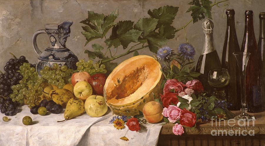 Still Life Painting - Still life with fruit and roses by August Jernberg