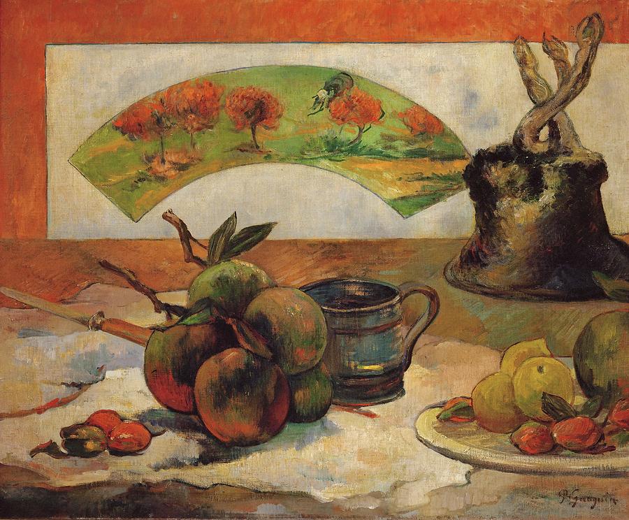 Paul Gauguin Painting - Still-life with fruits and fan. Oil on canvas -about 1888- 50 x 61 cm Cat. W 377. by Eugene Henri Paul Gauguin -1848-1903-