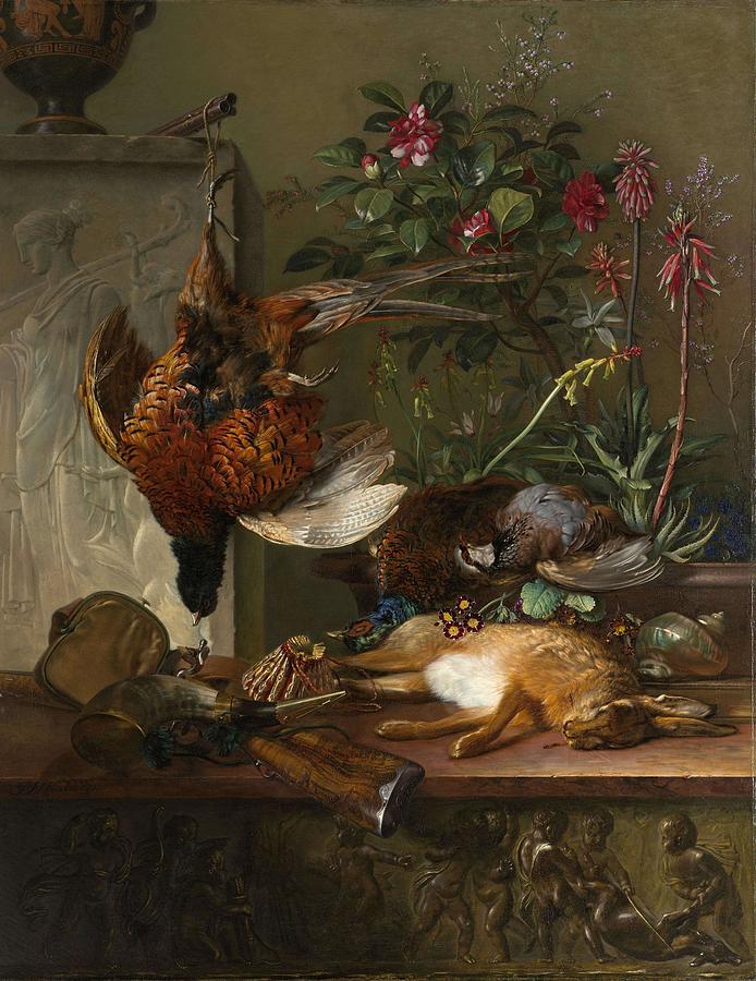 Still Life with Game and a Greek Stele Allegory of Autumn. Stilleven met jachtbuit en Griekse st... Painting by Georgius Jacobus Johannes van Os -1782-1861-