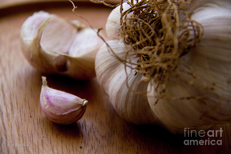 Still Life Photograph - Still life with garlic on wooden background by Rita Kapitulski