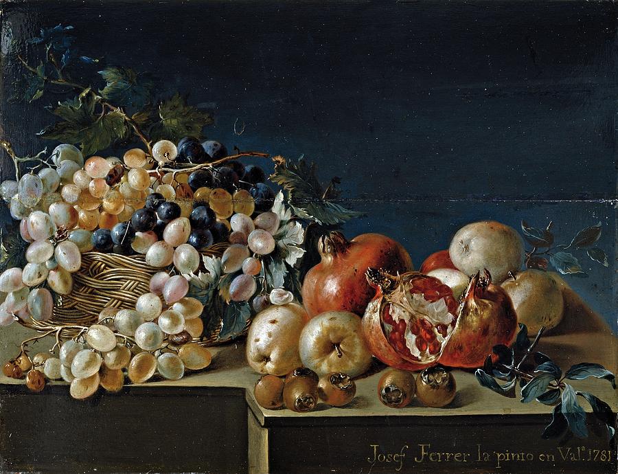 Still Life with Grapes and Pomegranates, 1781, Spanish School, Oil on panel, 39 c... Painting by Jose Ferrer -1746-1815-