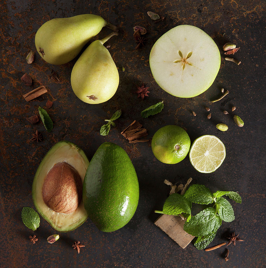 Still Life With Green Fruit And Vegetables Photograph by Blueberrystudio