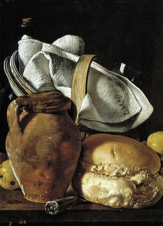 Still Life with Jug, Bread and Basket with Tableware, 1760, Spanish Scho... Painting by Luis Melendez -1716-1780-