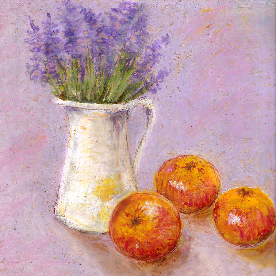 Still life with lavender and apples - pastel texture Drawing by ...