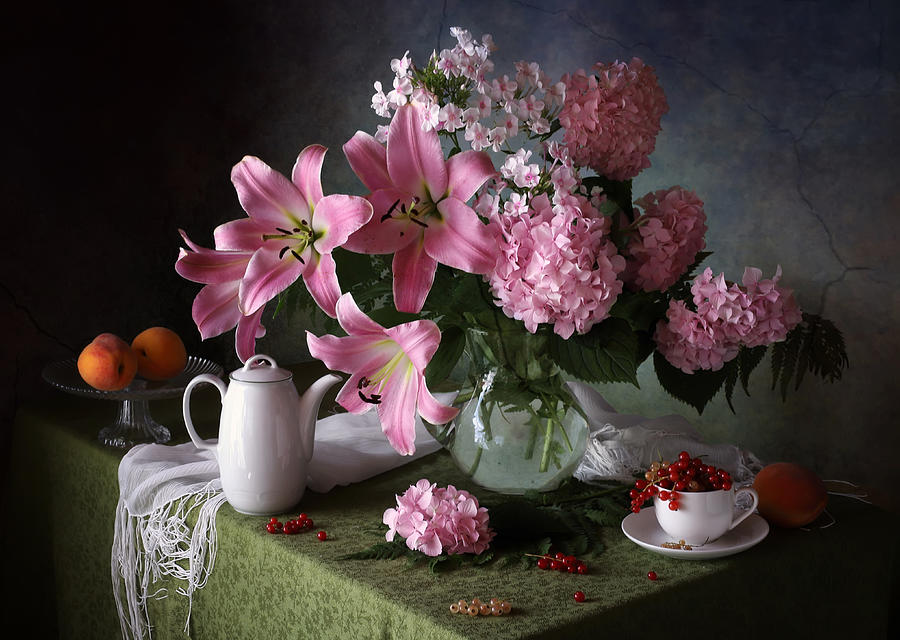 Flower Photograph - Still Life With Lilies And Fruits by Tatyana Skorokhod (??????? ????????)
