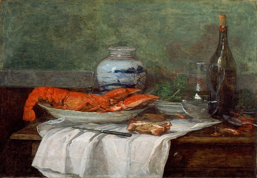 Eugene Boudin Painting - Still Life with Lobster on a White Tablecloth, 1853-56 by Eugene Boudin