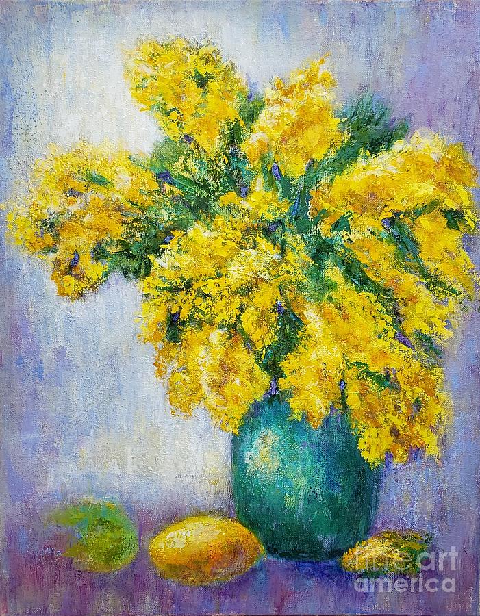 Still life with mimosas Painting by Olga Malamud-Pavlovich