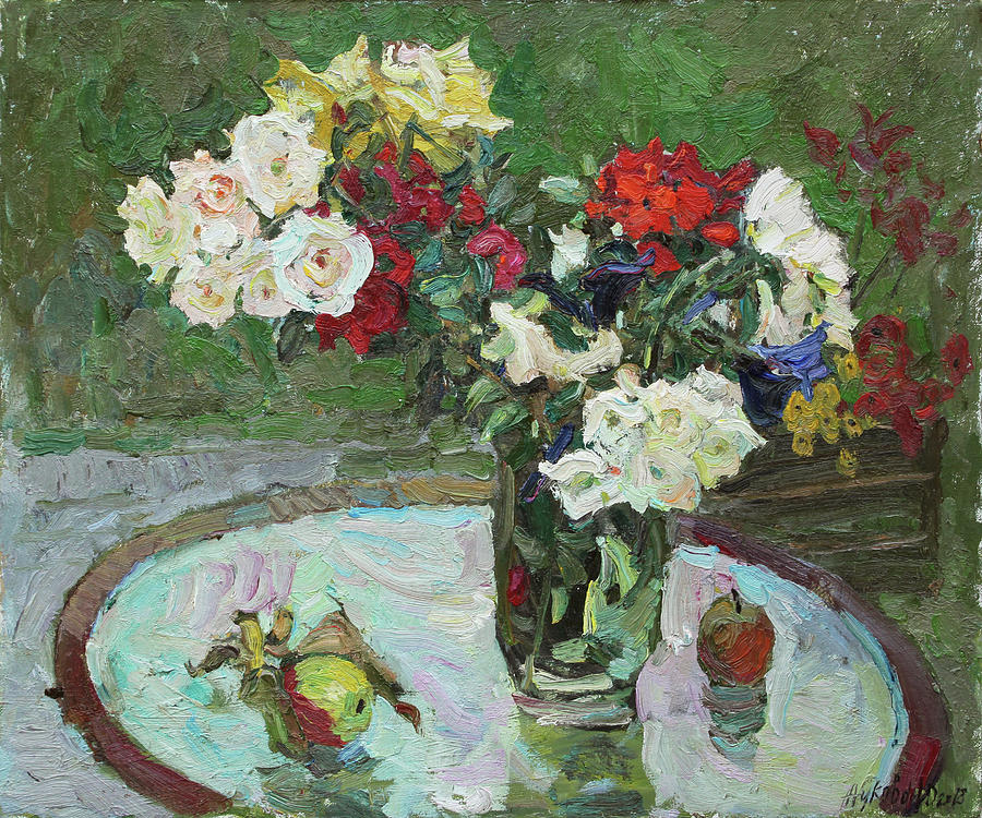 Still life with multi-colored roses Painting by Juliya Zhukova