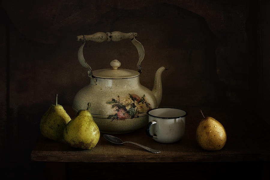 Still Life With Pears And A Kettle. Vintage. Photograph by Mykhailo Sherman