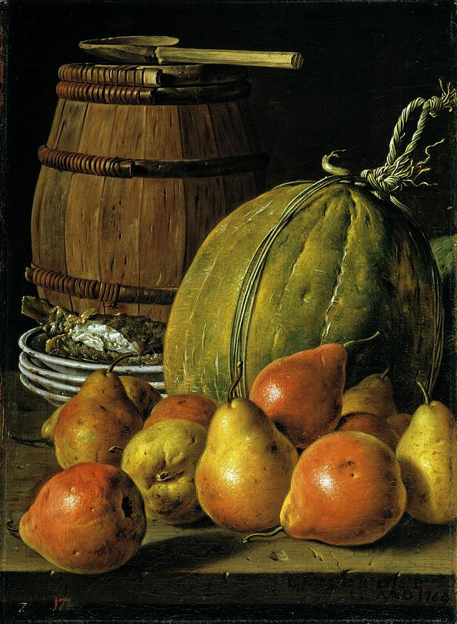Still Life with Pears, Melons, Cask, and Plates with Fish, 1764, Spanish... Painting by Luis Melendez -1716-1780-