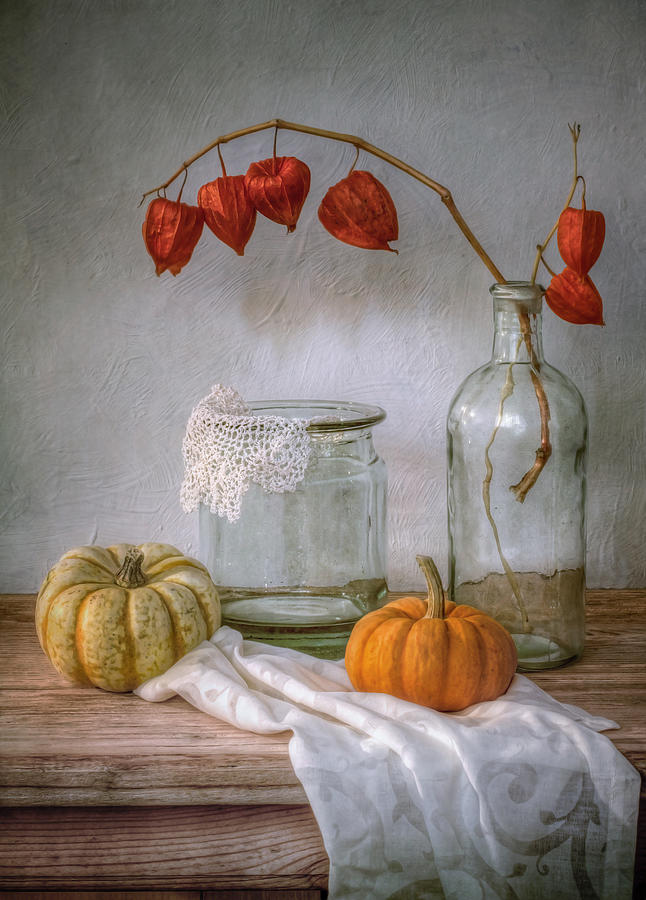 Still-life Photograph - Still Life With Physalis And Pumpkin by Mandy Disher