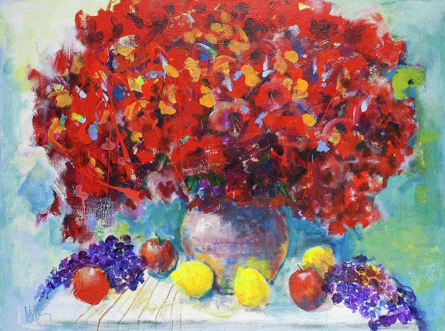Still life with red flowers Painting by Maxim Komissarchik