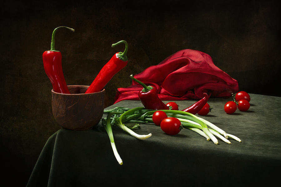 Still Life With Red Pepper, Tomatoes And Onions On The Table Photograph by Brig Barkow
