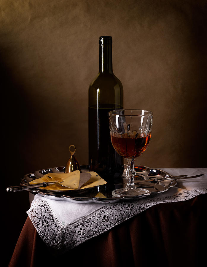 Still Life With Red Wine And Cheese. Photograph by Magnola
