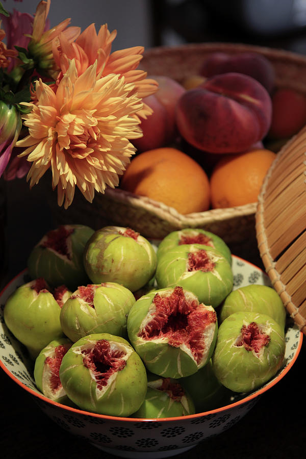 Still Life With Ripe Figs, Dahlias And Bowl With Oranges And Peaches Photograph by Sonja Zelano