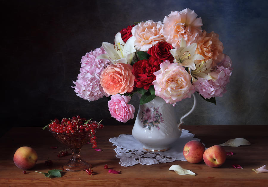 Rose Photograph - Still Life With Roses And Berries by Tatyana Skorokhod (??????? ????????)