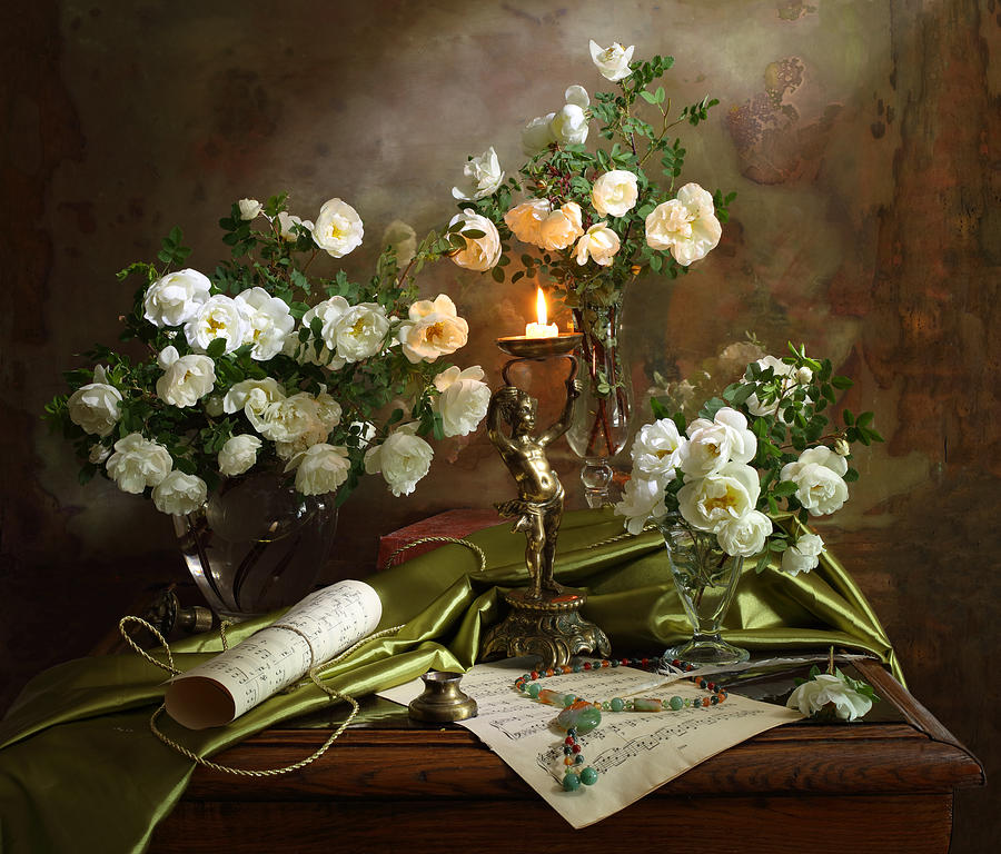 Flower Photograph - Still Life With Roses And Candle by Andrey Morozov