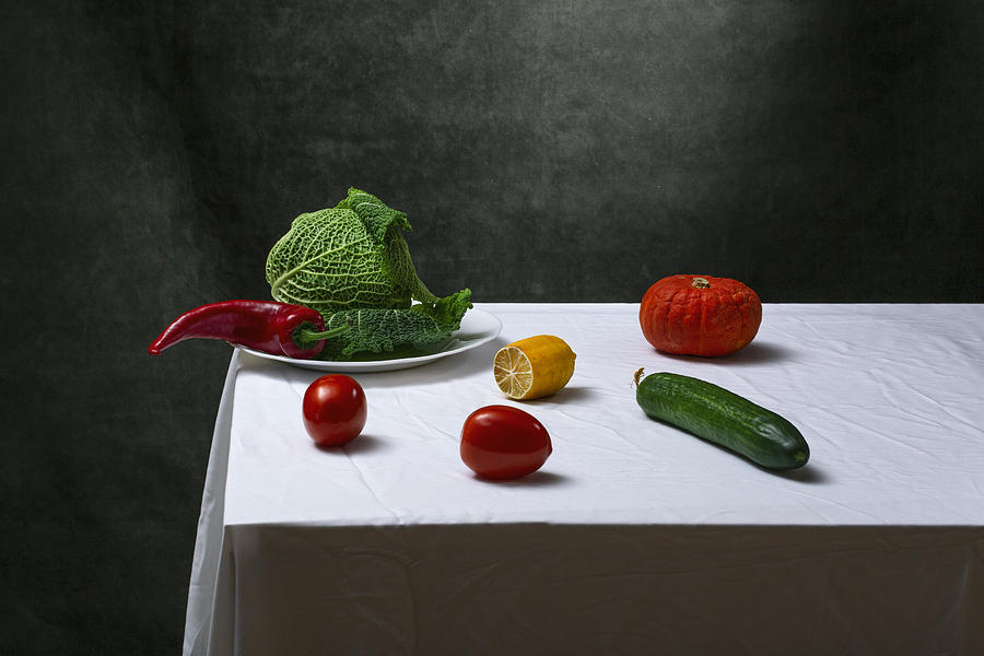 Cabbage Photograph - Still Life With Savoy Cabbage, Tomatoes, Cucumber, Red Pepper, Lemon And Pumpkin by Brig Barkow