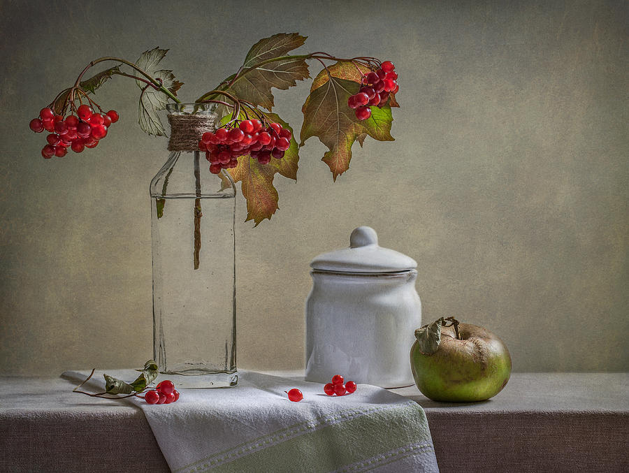 Apple Photograph - Still Life With Small White Jar by Inna Karpova