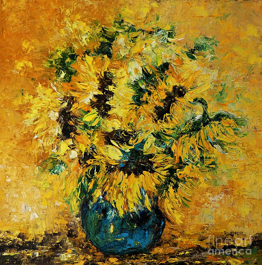 Still life with sunflowers and a blue vase Painting by Amalia Suruceanu