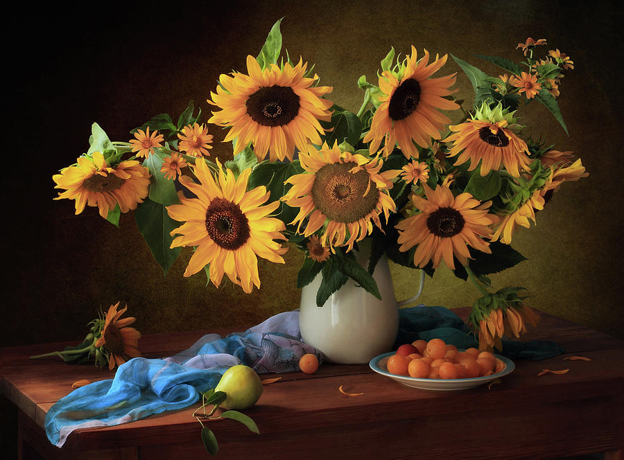 Still Life Photograph - Still Life With Sunflowers And Yellow Plums by Tatyana Skorokhod (???????