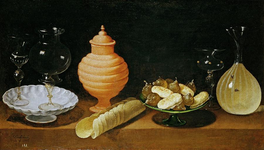 Still life with sweets and crystal recipients, 1622, Spanish School... Painting by Juan van der Hamen y Leon -1596-1631-