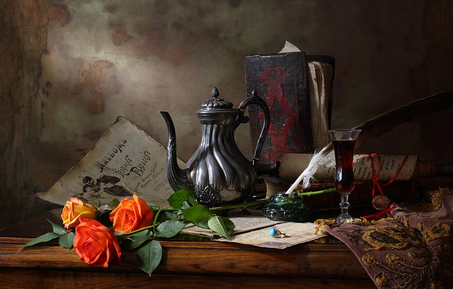 Flower Photograph - Still Life With Teapot And Roses by Andrey Morozov