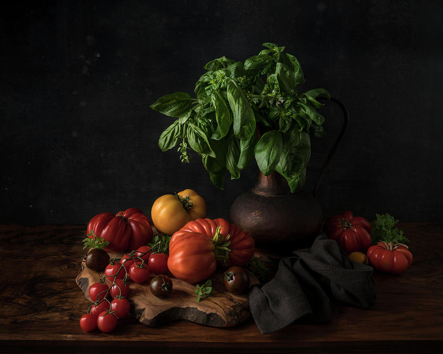 Still Life Photograph - Still Life With Tomatoes And Basil by Diana Popescu
