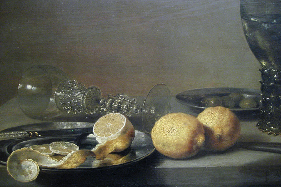 Still Life with Two Lemons, a Facon de Venise Glass, Roemer, Knife and Olives on a Table Painting by Pieter Claesz