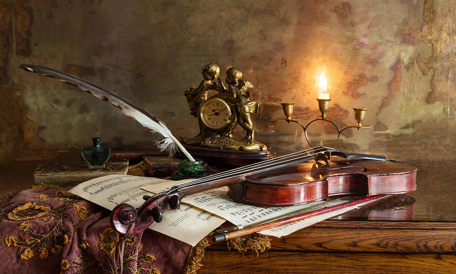 Music Photograph - Still Life With Violin And Clock by Andrey Morozov