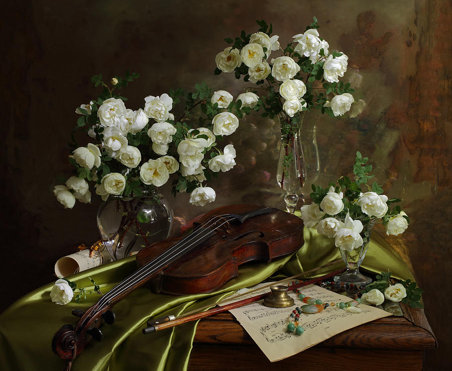 Still Life With Violin And Flowers Photograph by Andrey Morozov