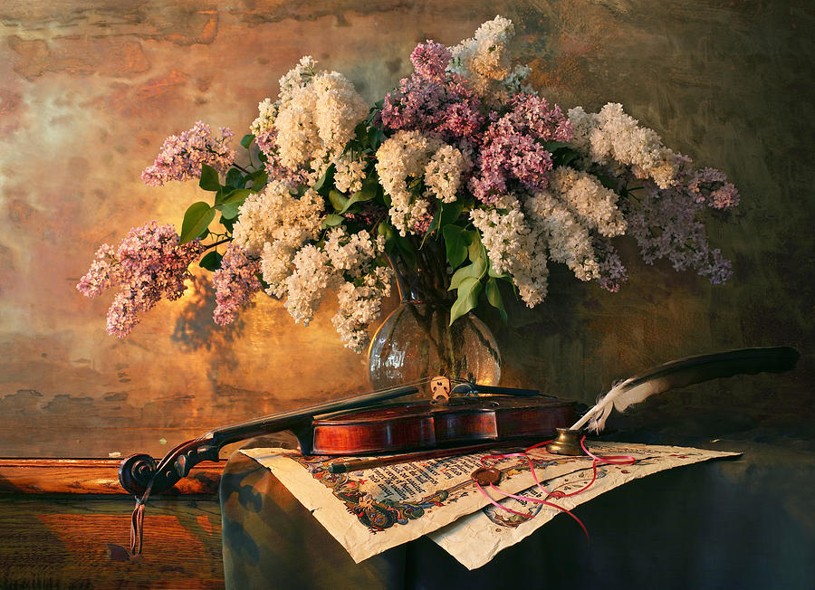 Still Life With Violin And Lilac Flowers Photograph by Andrey Morozov