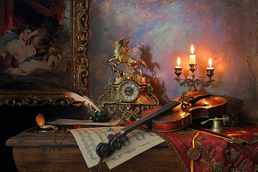 Music Photograph - Still Life With Violin And Picture by Andrey Morozov
